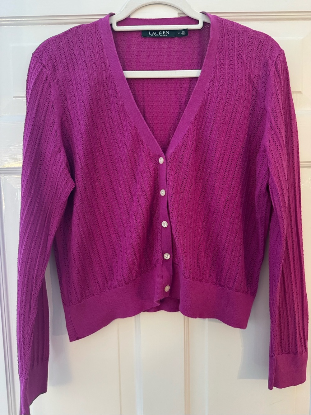 Ralph Lauren Fuchsia Pointelle V-Neck Cardigan